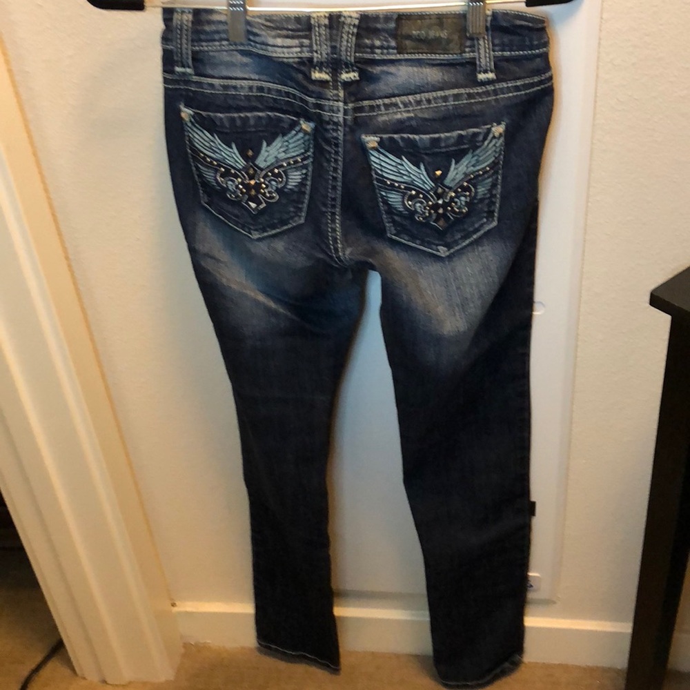 Dark wash angel wing embellished ZCO denim